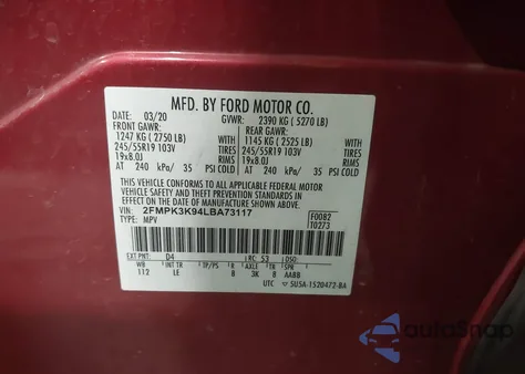 2020 Ford Edge Titanium z USA, uszkodzony, nr VIN 2FMPK3K94LBA73117